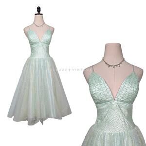 Vintage Alyce Prom Dress Midi Gown 8 Green Blue Y2K Fairy Princess Bead Ballet